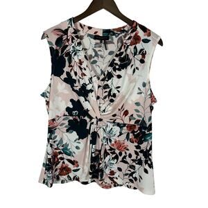 Donna Karen Sz XL Floral‎ Gathered V-neck Sleeveless Blouse Careerwear